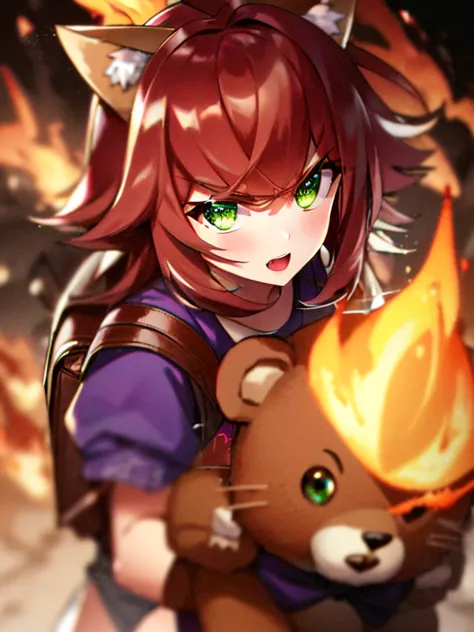 green eyes, annie, red hair, angry, brown leather backpack, short hair, fake cat ears, long bangs, fire, teddy bear, tibbers, pu...