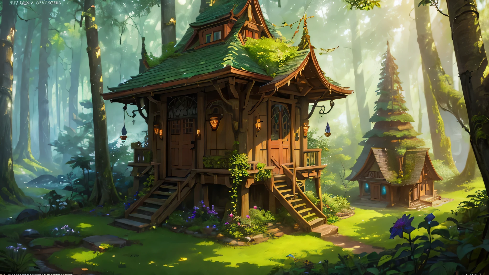 A whimsical illustration of wooden elves' homes nestled in a dense forest, featuring intricate tree roots and shady canopy, art nouveau style, vibrant colors, stylized, detailed foliage, fantasy elements 