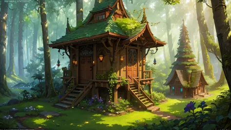 a whimsical illustration of wooden elves' homes nestled in a dense forest, featuring intricate tree roots and shady canopy, art ...