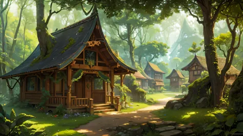 A whimsical illustration of wooden elves' homes nestled in a dense forest, featuring intricate tree roots and shady canopy, art ...