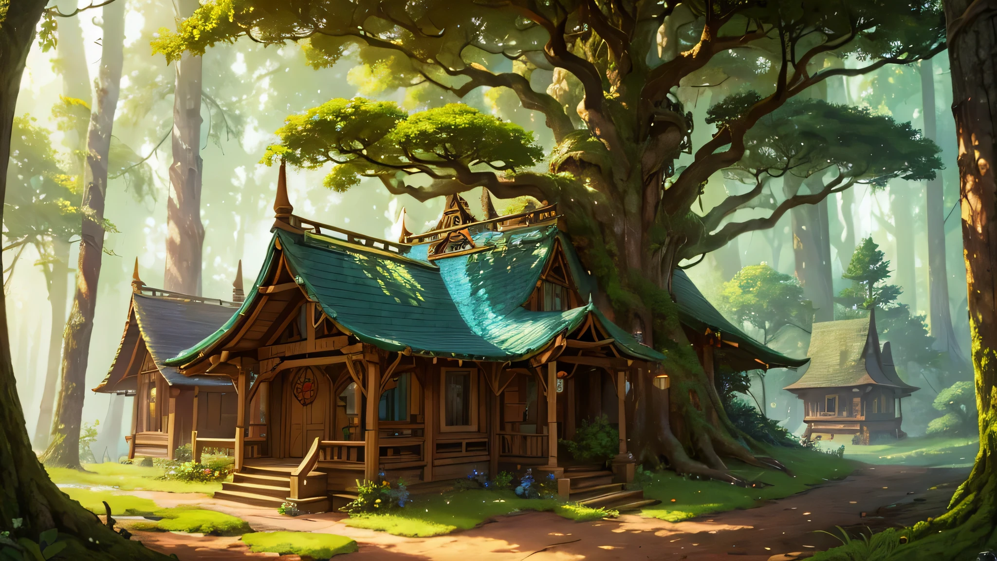 A whimsical illustration of wooden elves' homes nestled in a dense forest, featuring intricate tree roots and shady canopy, art nouveau style, vibrant colors, stylized, detailed foliage, fantasy elements 