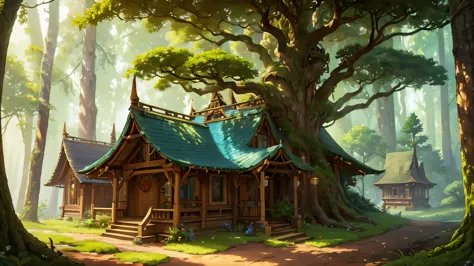 A whimsical illustration of wooden elves' homes nestled in a dense forest, featuring intricate tree roots and shady canopy, art ...