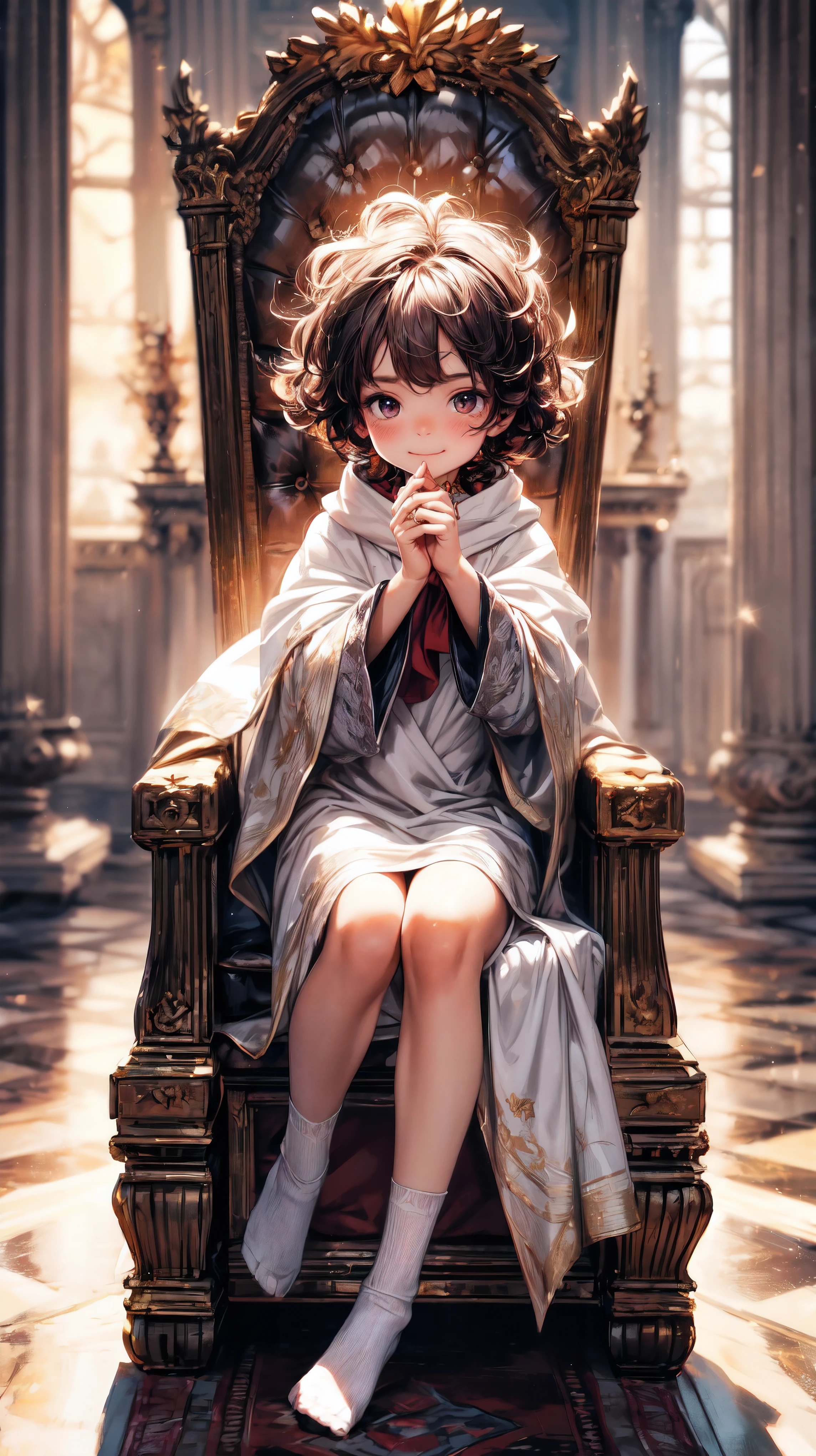 (best quality,4k,8k,highres,masterpiece:1.2),ultra-detailed,(realistic,photorealistic,photo-realistic:1.37), (solo), A cute very little (boy:1.1) wearing a white cloak and a (very long silk long dress:1.1), prince, (best wrinkle, best shadow), (White long stockings), soft curly hair, sparkling eyes, (curious sparkling eyes, innocent smile, cheeks rosy with happiness), dainty silver crown on his head, (Sitting on an exquisite and solemn throne), In the magnificent palace, bathed in warm golden sunlight, creating a dreamy and magical atmosphere.