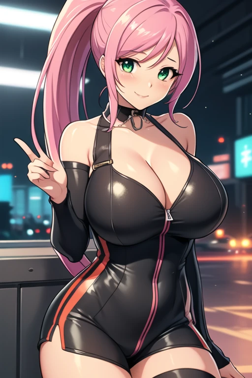 1 girl, 19 years old, Long pink hair, green eyes with slit pupils, master-piece, best quality, (standing up), (hair in a ponytail), (yellow and black jumpsuit, cleavage),  (Big , ultra gigantic , Super super big, Glamorous body), Make eye contact with the camera, front figure, looking forward, (light_Smile:1.5), (Detailed hands and fingers:1.2) (Cyberpunk City), (FULL BODYSHOT), thighs thighs thighs thighs、beauty legs、Bare legs