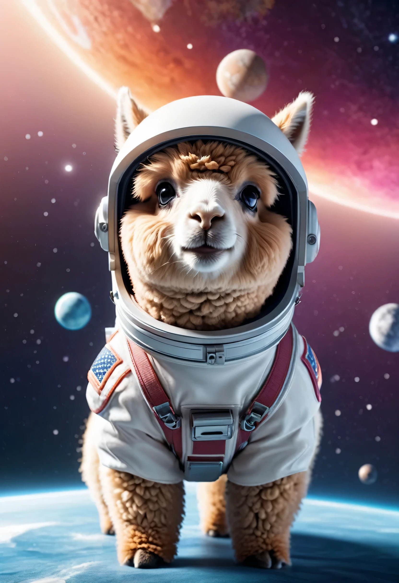 masterpiece, chibi, cute, CGI, full body, 3D renders, surrealism, an alpaca wearing astronaut helmet, floating in space, planetary background, ray tracing, global illumination, studio lighting, epic composition, epic proportion, HD