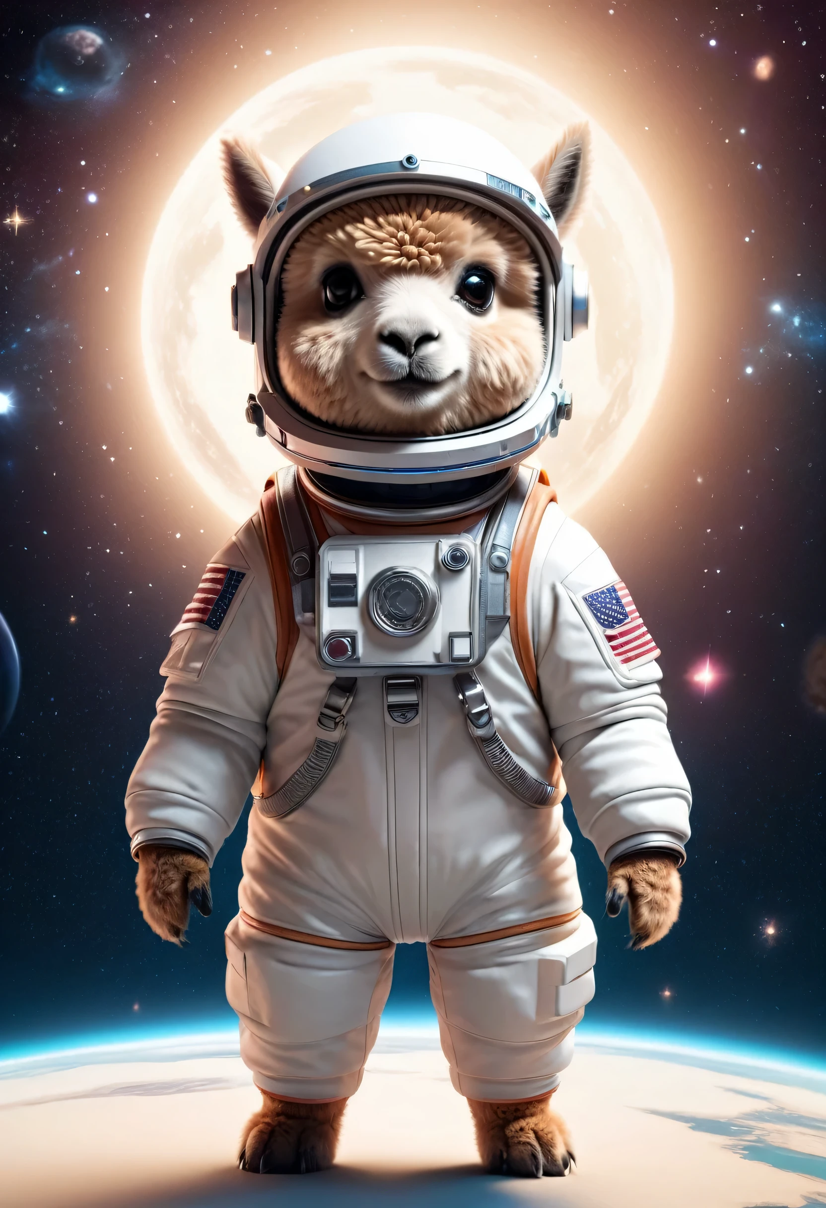masterpiece, chibi, cute, CGI, full body, 3D renders, surrealism, an alpaca wearing astronaut helmet, floating in space, planetary background, ray tracing, global illumination, studio lighting, epic composition, epic proportion, HD