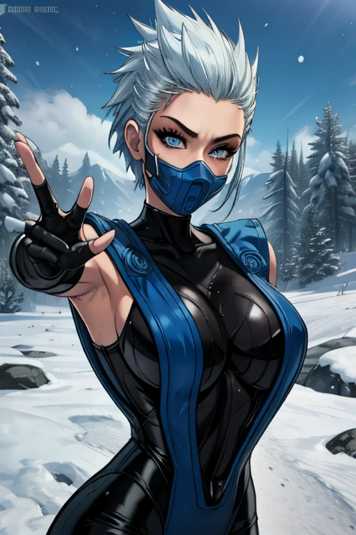 Frost, blue eyes,   mouth mask,  spiked hair, 
 fingerless elbow gloves, bodysuit,  pelvic curtain ,  blue attire, 
standing,  upper body, 
dojo, snow, solo,  
(insanely detailed, beautiful detailed face, masterpiece, best quality) 