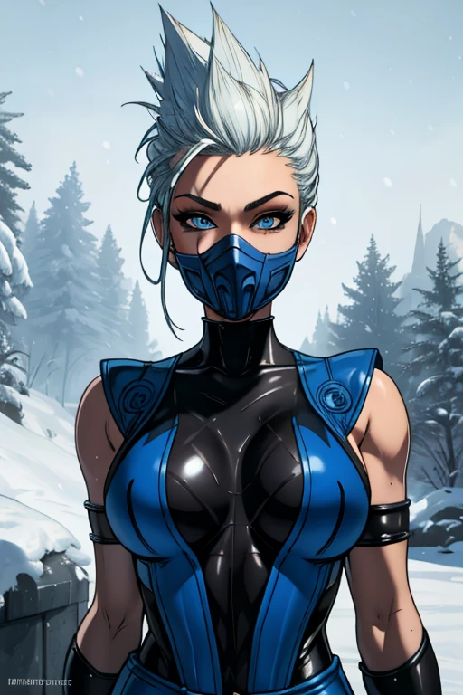 Frost, blue eyes,   mouth mask,  spiked hair, 
 fingerless elbow gloves, bodysuit,  pelvic curtain ,  blue attire, 
standing,  upper body, 
dojo, snow, solo,  
(insanely detailed, beautiful detailed face, masterpiece, best quality) 