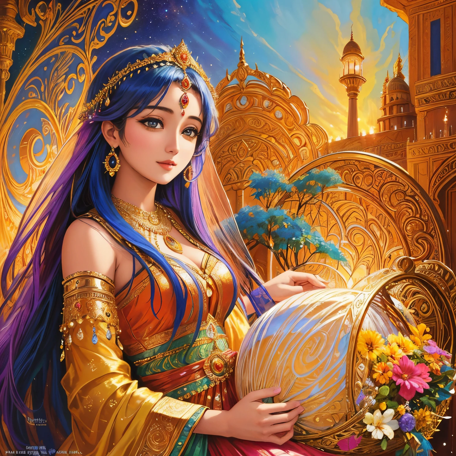 uma pintura de uma mulher carregando uma cesta na cabeça, uma pintura detalhada de Josephine Wall, flickr, arte de fantasia, arte indiana, Bela representação, cheio de cores e detalhes ricos, linda donzela, beleza tradicional, deusa indiana, belo detalhe e cor, Josephine Wall e Pino Daeni, deusa do amor e da paz, deusa indiana of wealth, Bela deusa