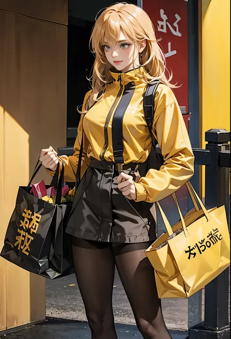 ,tall girl, muscular female, alternate muscle size,,muscular ,biceps,,yellow jacket,black pantyhose,muscular thighs,holding bags