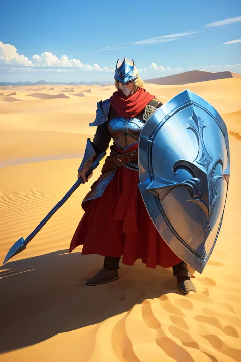 Strong man，Take a shield，is dressed in armor，wearing her helmet，in a desert，The flag，Big wind，cavalos