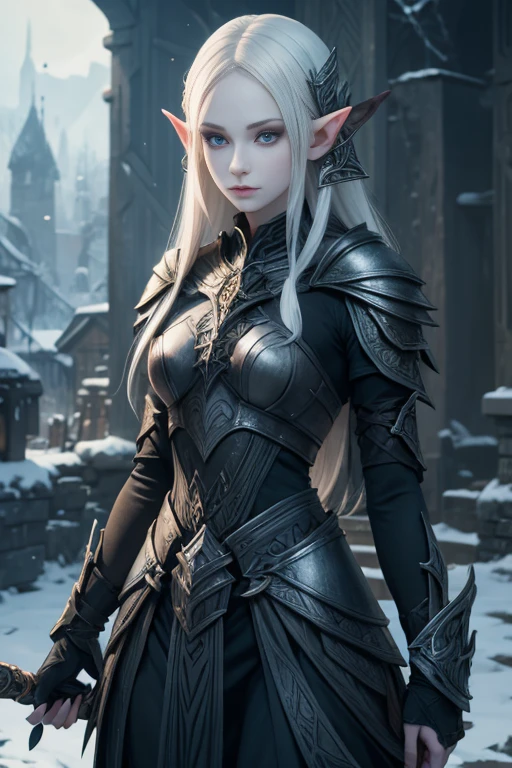 Pale skin, sophisticated, elf, winter armor, glaring at viewer, destroyed village,