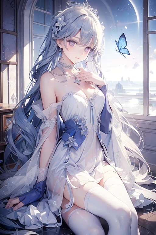 (Masterpiece, Best Quality: 1.4), Detailed Background, White Crystal, Crystal Cluster, Long Hair, Jewelry, Earrings, Necklace, Crown, Bride, White Hair, Halo, (Overlook), Dynamic Angle, Ultra Detailed, Illustration, Close Up, Direct Look, 1girl, (Fantasy: 1.4), (Purple Eyes: 1.233), Her Eyes Shine Like Dreamy Stars, (Glow Eyes: 1.233), (Beautiful and Delicate Eyes: 1.1), (Silver Hair: 1.14), (Messy Hair, Very Long Hair, French braids, hair between the eyes, side hair), (+(blue hair flower: 1.14)), (chiffon dress, uniform blue flower pattern)/= (military uniform: 1.24), (split sleeves, wide sleeves), (fingerless gloves), choker, (miko thighhighs), high heeled boots, (expressionless, shut up), (standing), (classical princess boudoir with dresser floor-to-ceiling windows white ancient palace), (white flowers, blooming), (deep sea), (flowing water), (dark blue world tree:1.14),(Ruins),(Night:1.2),dreamy,Soul,(fluorescent),(Flying Translucent Blue Butterfly:1.15),[Delicate Fingers and Hands:0.55]::0.85], (Finger Detail), (Yubao:0.5)