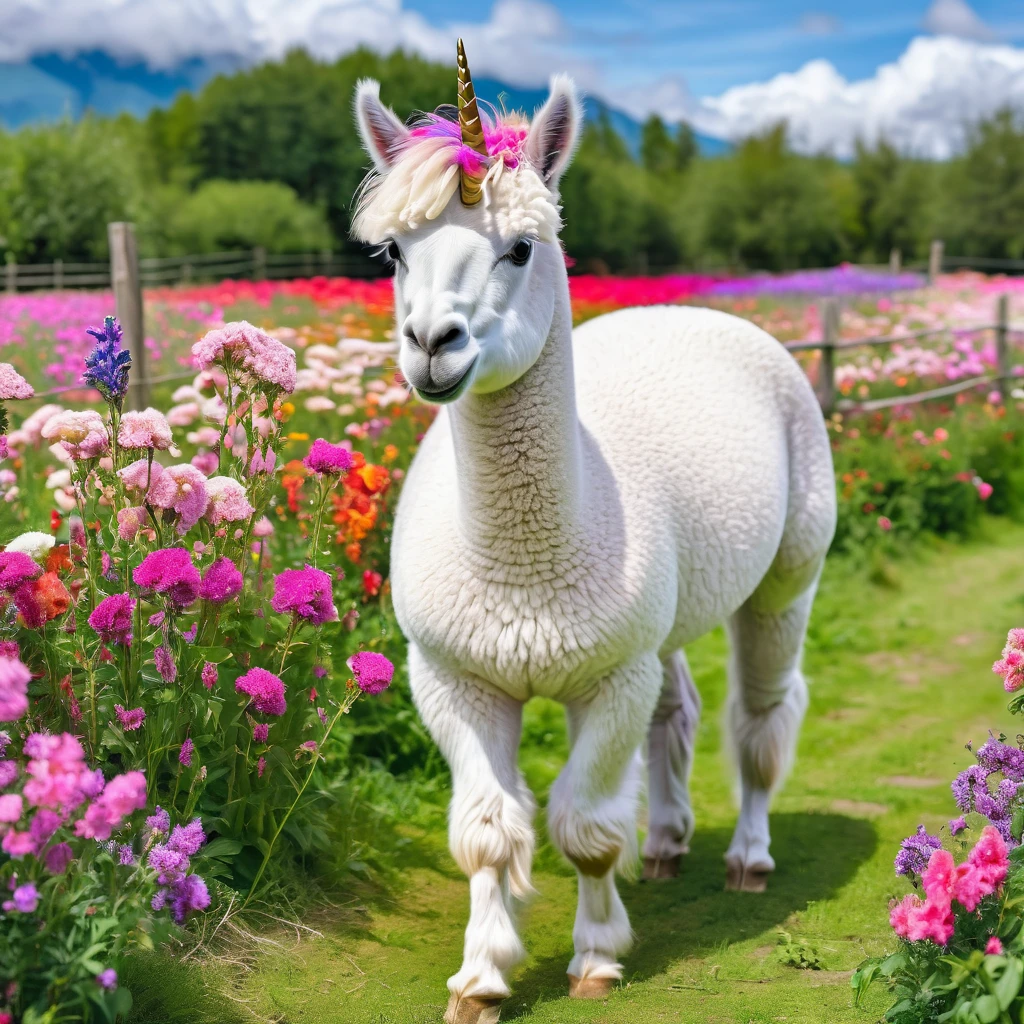 (best quality,4k,8k,highres,masterpiece:1.2),ultra-detailed,(realistic,photorealistic,photo-realistic:1.37), colorful, vibrant, majestic unicorn Alpaca, with a long, flowing, pastel-colored mane and a shimmering, iridescent horn. The unicorn Alpaca is peacefully grazing in a field bursting with vibrant flowers of various colors. The field is bathed in warm sunlight, casting a soft glow on the surroundings. The flowers sway gently in the breeze, creating a dreamy and magical atmosphere. Pink, purple, and blue hues dominate the scene, creating a whimsical and enchanting ambiance. The unicorn Alpaca stands tall and proud, its eyes sparkling with mystery and grace. The flowers beneath its feet seem to come alive, radiating bursts of color as the unicorn Alpaca grazes. Surrounding the field are majestic mountains, their peaks reaching towards the clear blue sky. The mountains serve as a breathtaking backdrop, emphasizing the unicorn Alpaca's magical presence. The entire painting exudes a sense of wonder, capturing the beauty and elegance of this magical creature.