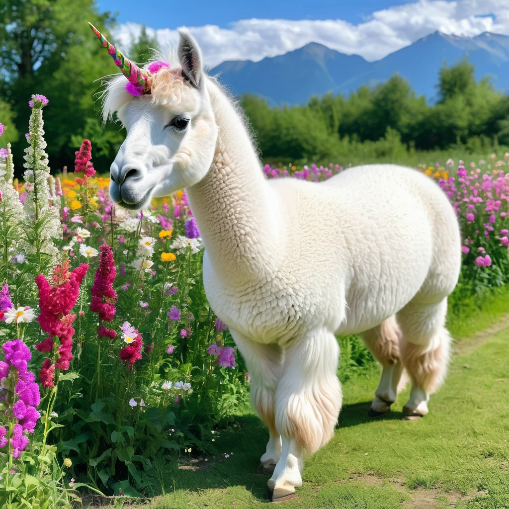 (best quality,4k,8k,highres,masterpiece:1.2),ultra-detailed,(realistic,photorealistic,photo-realistic:1.37), colorful, vibrant, majestic unicorn Alpaca, with a long, flowing, pastel-colored mane and a shimmering, iridescent horn. The unicorn Alpaca is peacefully grazing in a field bursting with vibrant flowers of various colors. The field is bathed in warm sunlight, casting a soft glow on the surroundings. The flowers sway gently in the breeze, creating a dreamy and magical atmosphere. Pink, purple, and blue hues dominate the scene, creating a whimsical and enchanting ambiance. The unicorn Alpaca stands tall and proud, its eyes sparkling with mystery and grace. The flowers beneath its feet seem to come alive, radiating bursts of color as the unicorn Alpaca grazes. Surrounding the field are majestic mountains, their peaks reaching towards the clear blue sky. The mountains serve as a breathtaking backdrop, emphasizing the unicorn Alpaca's magical presence. The entire painting exudes a sense of wonder, capturing the beauty and elegance of this magical creature.