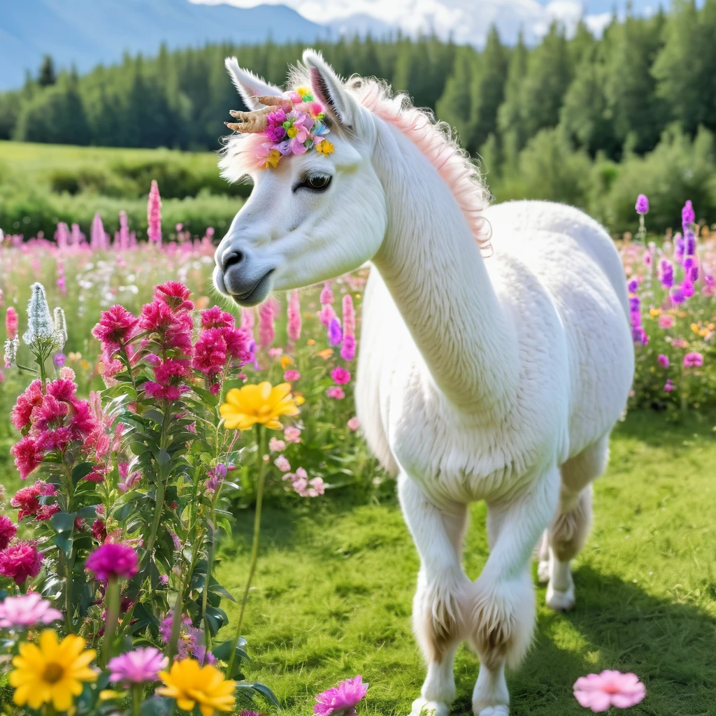 (best quality,4k,8k,highres,masterpiece:1.2),ultra-detailed,(realistic,photorealistic,photo-realistic:1.37), colorful, vibrant, majestic unicorn Alpaca, with a long, flowing, pastel-colored mane and a shimmering, iridescent horn. The unicorn Alpaca is peacefully grazing in a field bursting with vibrant flowers of various colors. The field is bathed in warm sunlight, casting a soft glow on the surroundings. The flowers sway gently in the breeze, creating a dreamy and magical atmosphere. Pink, purple, and blue hues dominate the scene, creating a whimsical and enchanting ambiance. The unicorn Alpaca stands tall and proud, its eyes sparkling with mystery and grace. The flowers beneath its feet seem to come alive, radiating bursts of color as the unicorn Alpaca grazes. Surrounding the field are majestic mountains, their peaks reaching towards the clear blue sky. The mountains serve as a breathtaking backdrop, emphasizing the unicorn Alpaca's magical presence. The entire painting exudes a sense of wonder, capturing the beauty and elegance of this magical creature.