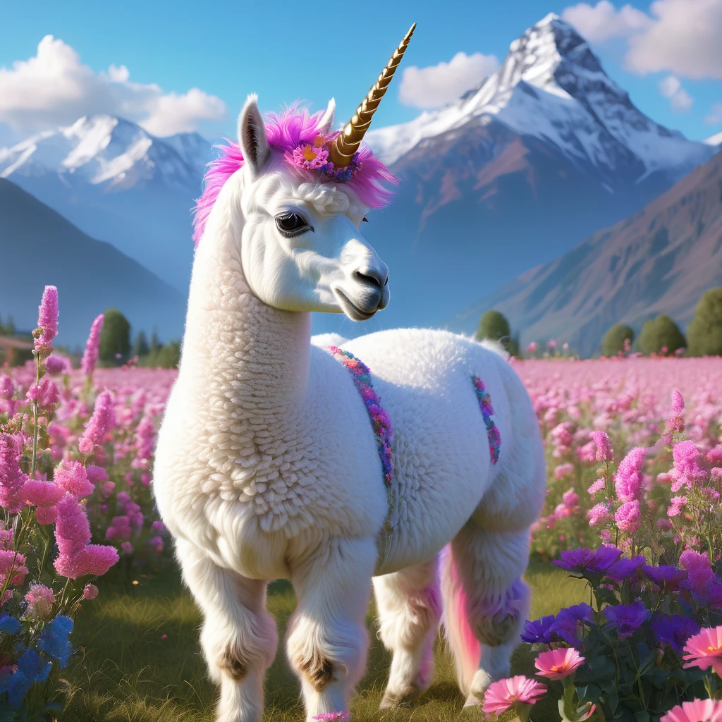 (best quality,4k,8k,highres,masterpiece:1.2),ultra-detailed,(realistic,photorealistic,photo-realistic:1.37), colorful, vibrant, majestic unicorn Alpaca, with a long, flowing, pastel-colored mane and a shimmering, iridescent horn. The unicorn Alpaca is peacefully grazing in a field bursting with vibrant flowers of various colors. The field is bathed in warm sunlight, casting a soft glow on the surroundings. The flowers sway gently in the breeze, creating a dreamy and magical atmosphere. Pink, purple, and blue hues dominate the scene, creating a whimsical and enchanting ambiance. The unicorn Alpaca stands tall and proud, its eyes sparkling with mystery and grace. The flowers beneath its feet seem to come alive, radiating bursts of color as the unicorn Alpaca grazes. Surrounding the field are majestic mountains, their peaks reaching towards the clear blue sky. The mountains serve as a breathtaking backdrop, emphasizing the unicorn Alpaca's magical presence. The entire painting exudes a sense of wonder, capturing the beauty and elegance of this magical creature.