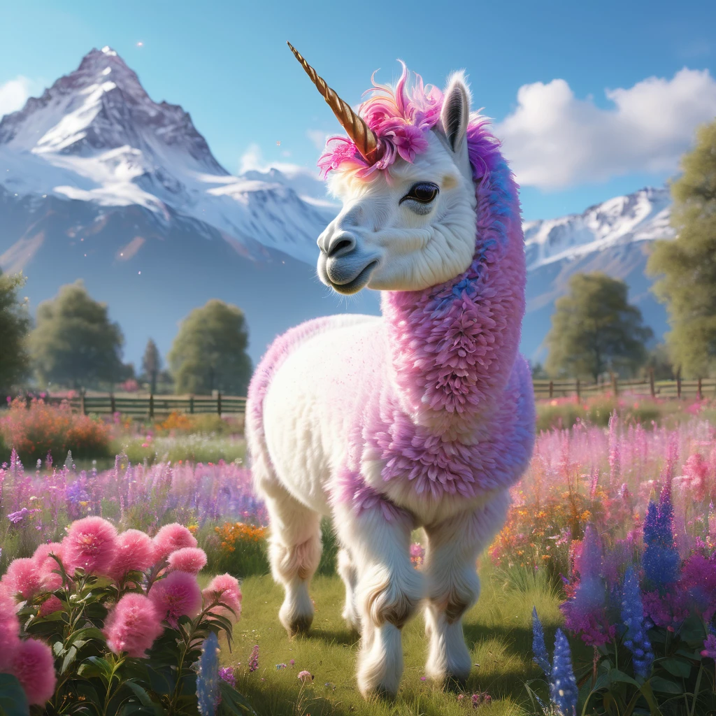 (best quality,4k,8k,highres,masterpiece:1.2),ultra-detailed,(realistic,photorealistic,photo-realistic:1.37), colorful, vibrant, majestic unicorn Alpaca, with a long, flowing, pastel-colored mane and a shimmering, iridescent horn. The unicorn Alpaca is peacefully grazing in a field bursting with vibrant flowers of various colors. The field is bathed in warm sunlight, casting a soft glow on the surroundings. The flowers sway gently in the breeze, creating a dreamy and magical atmosphere. Pink, purple, and blue hues dominate the scene, creating a whimsical and enchanting ambiance. The unicorn Alpaca stands tall and proud, its eyes sparkling with mystery and grace. The flowers beneath its feet seem to come alive, radiating bursts of color as the unicorn Alpaca grazes. Surrounding the field are majestic mountains, their peaks reaching towards the clear blue sky. The mountains serve as a breathtaking backdrop, emphasizing the unicorn Alpaca's magical presence. The entire painting exudes a sense of wonder, capturing the beauty and elegance of this magical creature.