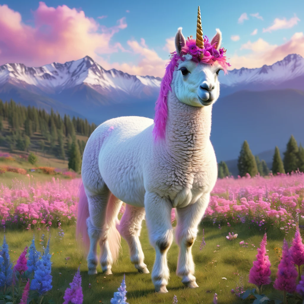 (best quality,4k,8k,highres,masterpiece:1.2),ultra-detailed,(realistic,photorealistic,photo-realistic:1.37), colorful, vibrant, majestic unicorn Alpaca, with a long, flowing, pastel-colored mane and a shimmering, iridescent horn. The unicorn Alpaca is peacefully grazing in a field bursting with vibrant flowers of various colors. The field is bathed in warm sunlight, casting a soft glow on the surroundings. The flowers sway gently in the breeze, creating a dreamy and magical atmosphere. Pink, purple, and blue hues dominate the scene, creating a whimsical and enchanting ambiance. The unicorn Alpaca stands tall and proud, its eyes sparkling with mystery and grace. The flowers beneath its feet seem to come alive, radiating bursts of color as the unicorn Alpaca grazes. Surrounding the field are majestic mountains, their peaks reaching towards the clear blue sky. The mountains serve as a breathtaking backdrop, emphasizing the unicorn Alpaca's magical presence. The entire painting exudes a sense of wonder, capturing the beauty and elegance of this magical creature.