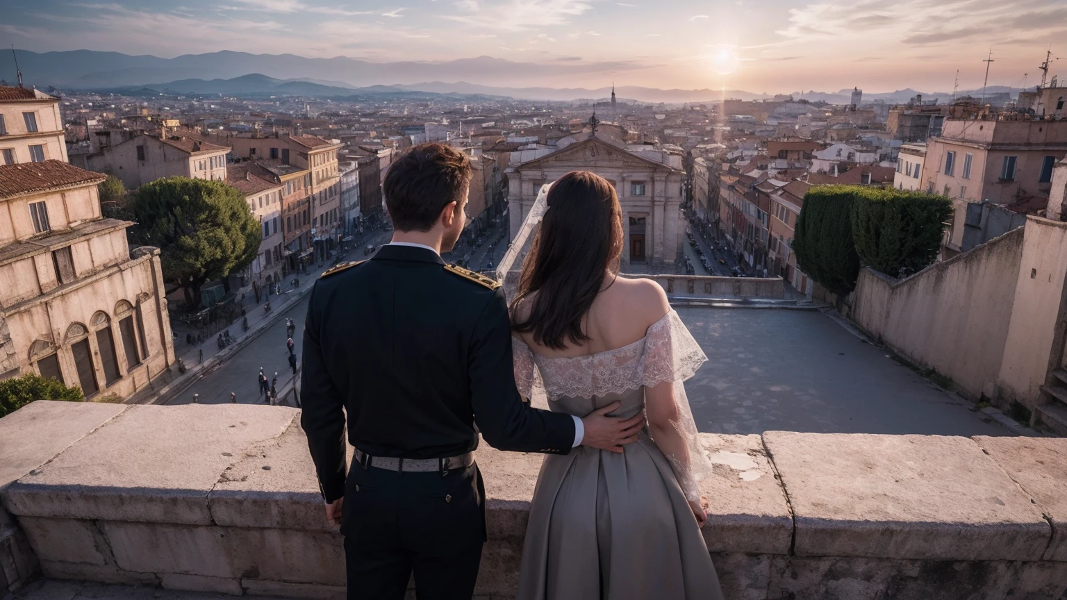 ((Highly detailed CG unity 8k wallpaper)), Roman Emperor Constantine the Great and a beautiful woman named Serdica, beloved by the Roman Emperor Constantine the Great. A happy couple. An eternal bond of love. Mutual affection. Pure love. romantic, sunset, back only, photorealistic The refreshing breeze of early summer.“My Rome is Serdica” amor.rome.Magnificent and lyrical. Dramatic. With admiration for Sofia, Bulgaria.epic. symphonic.dramatic , view background. urban. Super beautiful. high resolution. high quality. High resolution. digital art. Super beautiful. high resolution. high quality. High resolution. digital art.