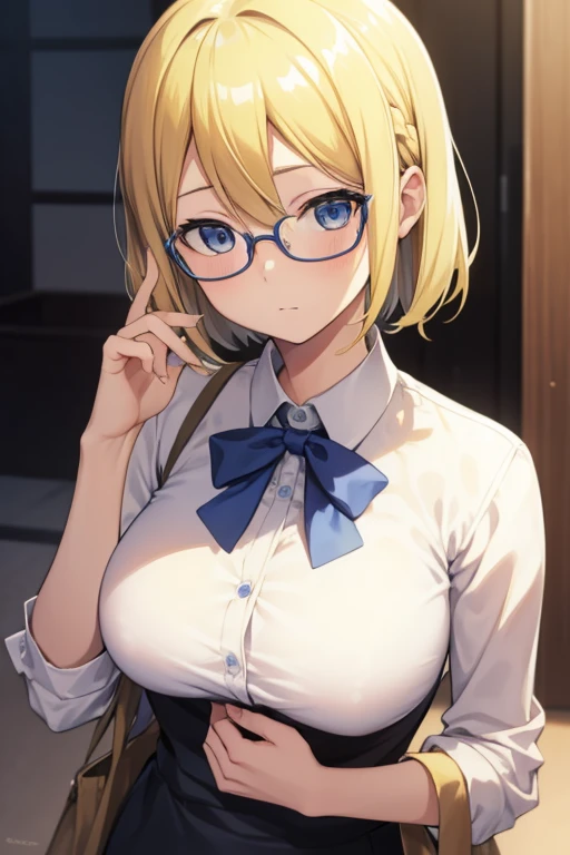 one person, one personの女の子, AiHayasaka, Ai Hayasaka, Blonde Hair, Blonde, Bobcut, bobbed hair, blue eyes, blue scrunchie,  Big Breasts, breast, Flushed Cheeks, Wear glasses