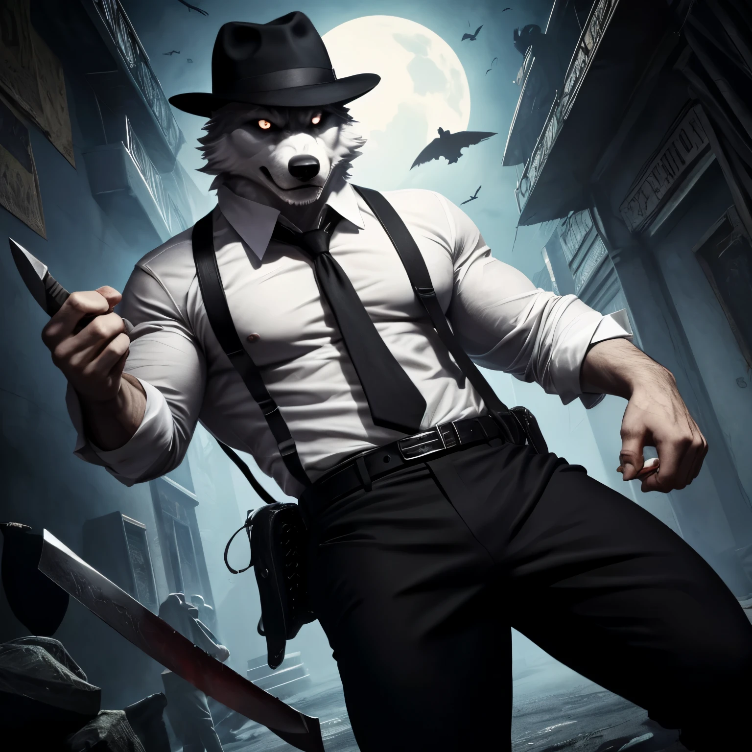 White furry anthropomorphic wolf, buffed body, white shirt with black straps, black fedora with white decoration. Creepy appearance, grabbing a knife, black pants, black eyes, creepy, killer vibes, mafia vibes