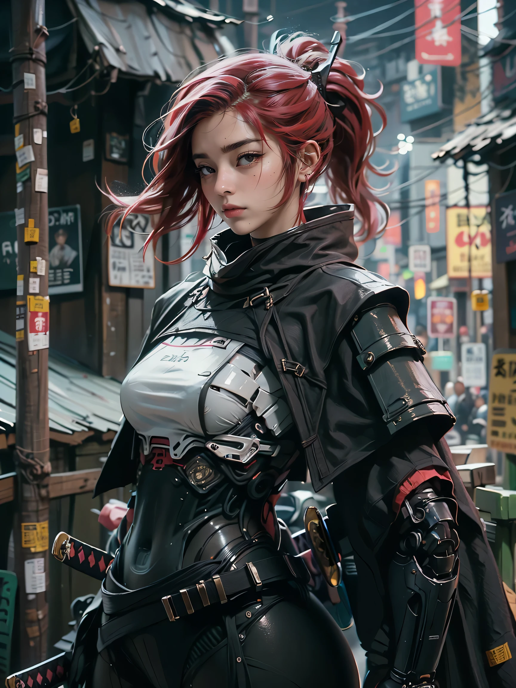 1 cyborg samouraï féminin portant une cape, (Manteau noir:1.2), tenant l&#39;épée, katana, Dieu de la guerre, Complexe, 8k, (chef-d&#39;œuvre, Meilleure qualité:1.2), extrêmement détaillé, Cinématique, Iridescent, armure, mecha,