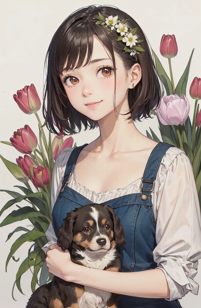 (masterpiece、highest quality、highest quality、Beautiful and beautiful:1.2)、Good anatomy、Drawing of a girl with straight short hair、Shy smile、Holding a brown puppy、Dutch Decoy Spaniel、looking at the camera、put flowers and leaves on your head、Tulips