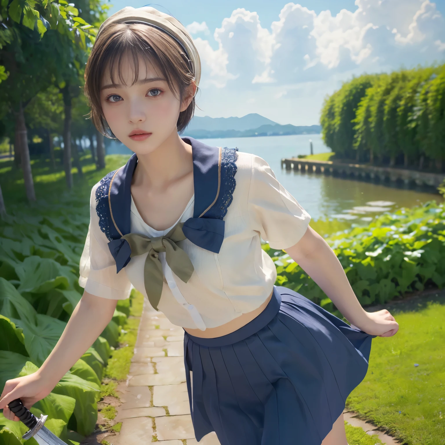 (Realistic:1.3), 8k, Health photo, Realistic skin texture, (masterpiece, highest quality, High resolution:1.2), (Very detailed, Intricate details, High resolution), Textured skin, Skin pores, Intricate details, One girl, Straight Short Hair,whole body,Ultra mini skirt,(Sailor suit),Clear skin,Realistic Face,(Holding the handle of a short sword)