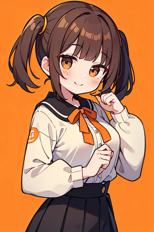 best quality, masterpiece, highres, solo, brown_hair, bangs, short_hair, blush, brown_eyes, blunt_bangs,two_side_up, smile, medium_breasts, 1girl, black_skirt, long_sleeves, looking_at_viewer,one-piece,orange_background, upper_body