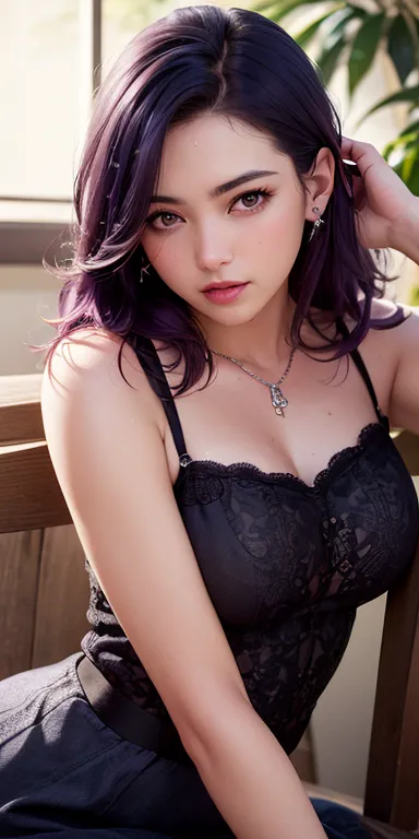 Masterpiece,best quality,Realistic photos,Assada,face,1 girl,head,thick lips, purple hair,sit ,wet,Shiny skin, Mix 4,