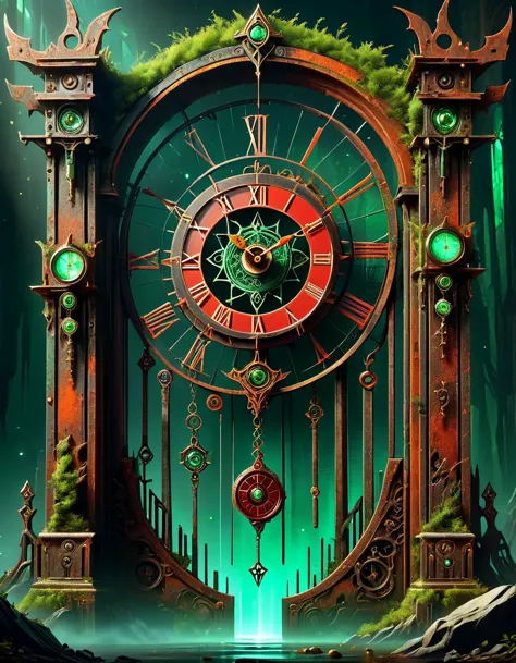 hyper detailed masterpiece, dynamic, awesome quality,DonM0ccul7Ru57XL, comfy, pendulum clock gate, rust, (green algea:0.3, red a...