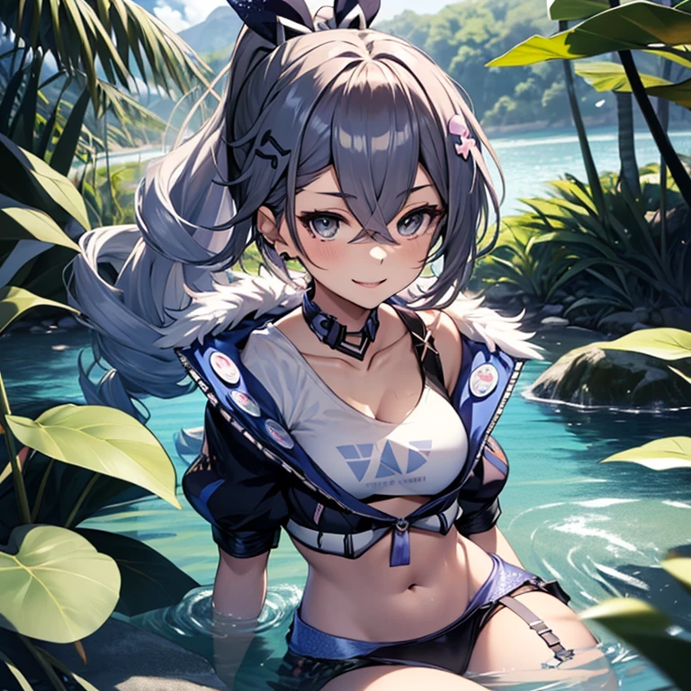 a beautiful anime girl in sitting in the water, 1girl,  solo, breasts, water, covered navel, looking at viewer, outdoors, hair ornament, medium breasts, female brat、SilverWolfV5、Wicked Smile、Open your mouth、Long ponytail