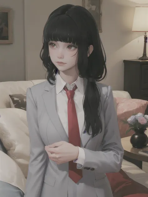 masterpiece, highly detailed, best quality, 1girl, solo, 
Luna, black hair, red eyes, long hair, blunt bangs, red tie, gray blaz...