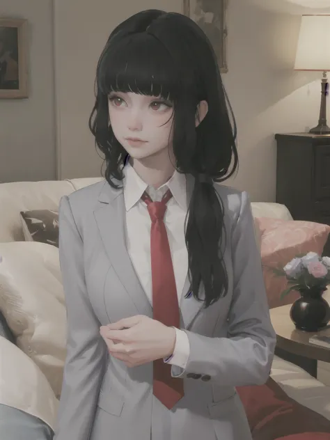 masterpiece, highly detailed, best quality, 1girl, solo, 
luna, black hair, red eyes, long hair, blunt bangs, red tie, gray blaz...