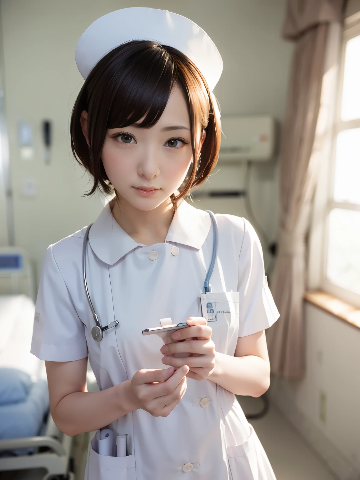 1 girl,(Wearing white nurse clothes:1.2),(Raw photo, highest quality), (realistic, photo-realistic:1.4), masterpiece, very delicate and beautiful, very detailed, 2k wallpaper, wonderful, finely, very detailed CG unity 8k wallpaper, Super detailed, High resolution, soft light, beautiful detailed girl, very detailed eyes and face, beautifully detailed nose, finely beautiful eyes, nurse, perfect anatomy, black hair, up style, nurse uniform, ((nurse cap)), long skirt, nurse, white costume, thin, hospital, clear, White uniform, hospital room, Neck auscultation,