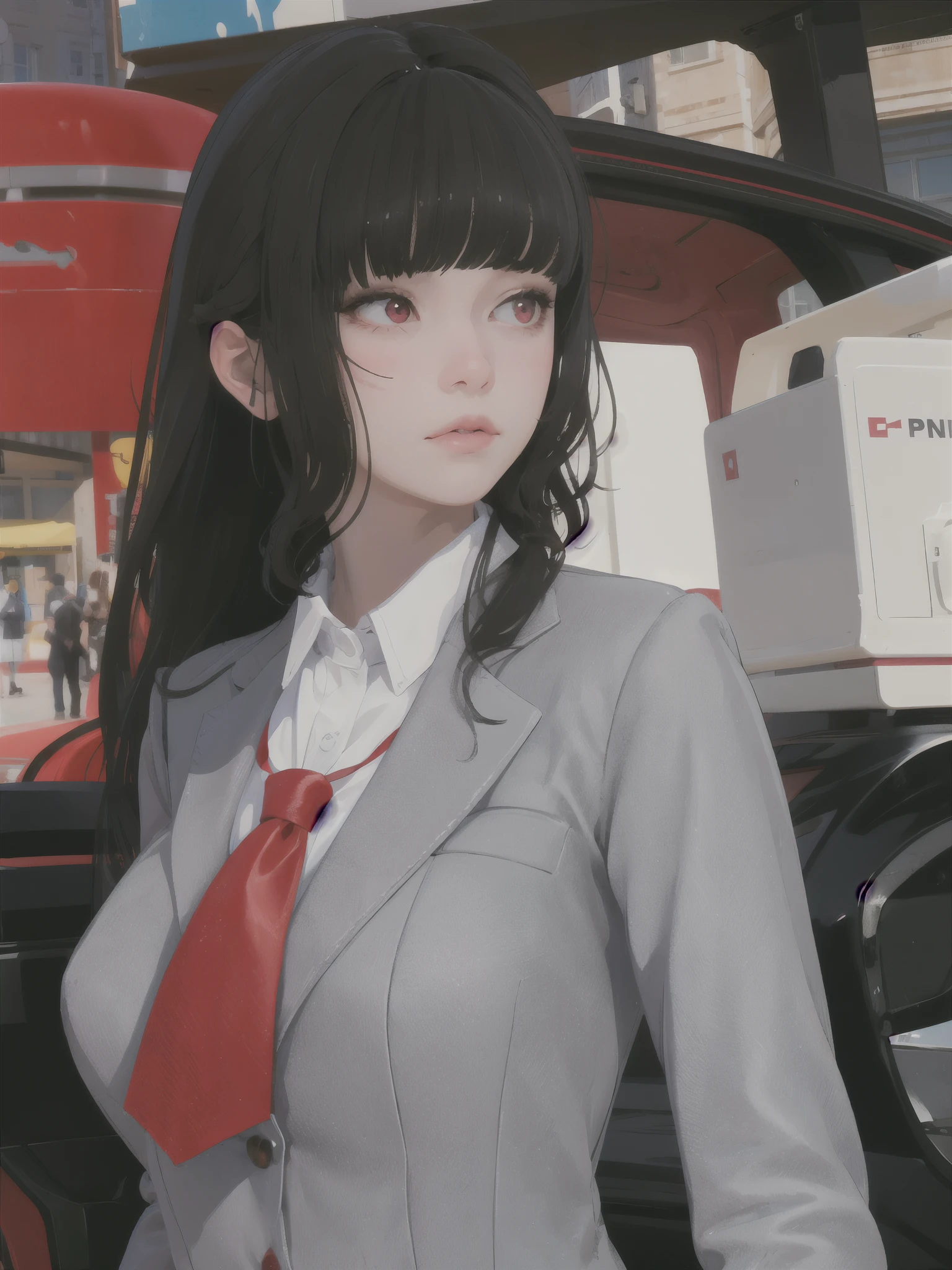 masterpiece, highly detailed, best quality, 1girl, solo, 
Luna, black hair, red eyes, long hair, blunt bangs, red tie, gray blazer