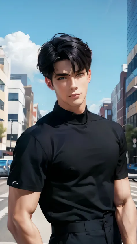 1 person, black t-shirt, handsome, undercut hair, age 22 