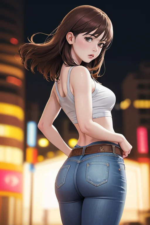 (1.woman, 独奏), 8k, ((Mastepiece)),(((highest quality))),((Super detailed)),((((Realism)))), Photorealistic:1.37, (ultra-realistic), (An illustration), (High resolution), (Very detailed), (The best An illustration), (Super detailed wallpaper), (Detail face), (Beautiful expression), ((Details highest quality skins:1.2)), (Super detailed background, Detailed background), Vision flow of a beautiful woman walking down the street, The sun shines on her pink T-shirt and faded high-rise blue jeans., ((The fabric grain is visible, High-definition depiction of jeans)), A red car running in the background, A world of sparkling lights, ((A firm, perky butt in jeans, Small waist, Tight thighs with gap)), Buckshot, Rear view.