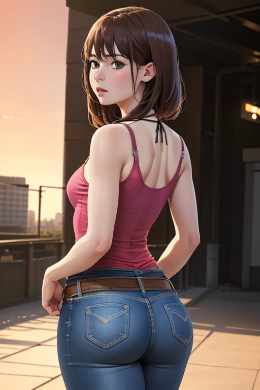 (1.woman, 独奏), 8k, ((Mastepiece)),(((highest quality))),((Super detailed)),((((Realism)))), Photorealistic:1.37, (ultra-realistic), (An illustration), (High resolution), (Very detailed), (The best An illustration), (Super detailed wallpaper), (Detail face), (Beautiful expression), ((Details highest quality skins:1.2)), (Super detailed background, Detailed background), Vision flow of a beautiful woman walking down the street, The sun shines on her pink T-shirt and faded high-rise blue jeans., ((The fabric grain is visible, High-definition depiction of jeans)), A red car running in the background, A world of sparkling lights, ((A firm, perky butt in jeans, Small waist, Tight thighs with gap)), Buckshot, Rear view.