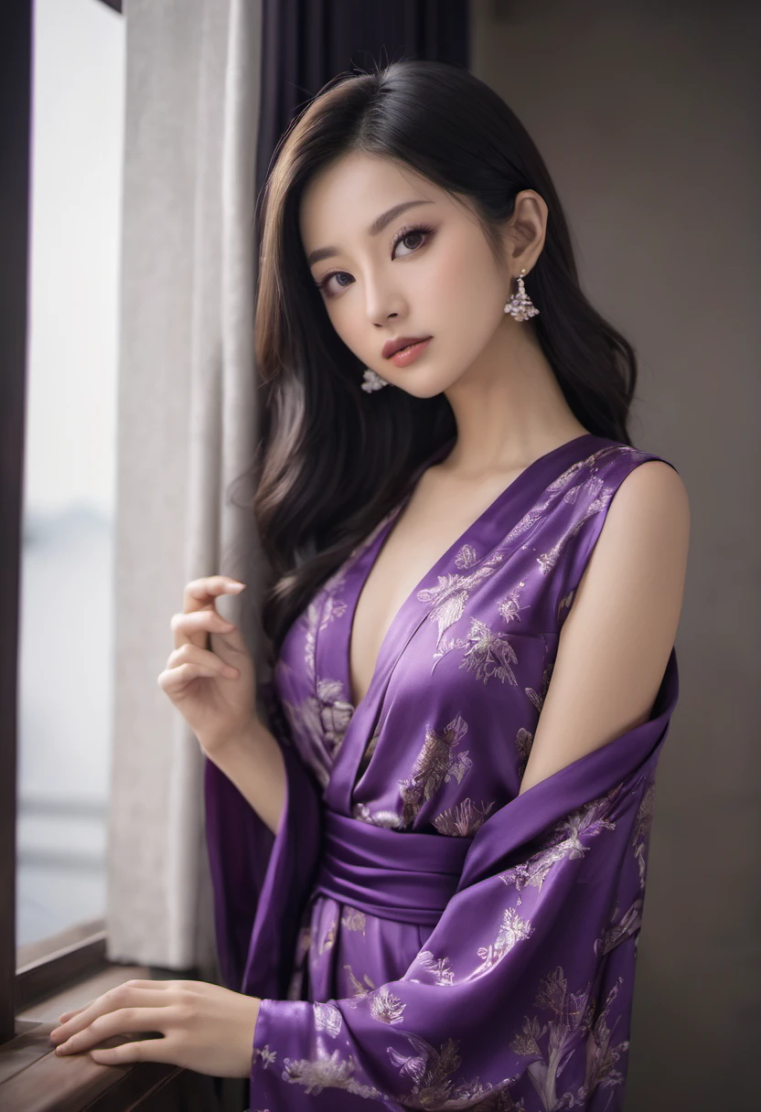 Une femme arabo-asiatique en robe violette prenant une photo, Prise de vue avec Canon EOS R 6, Une pose incroyablement élégante, Tourné avec un Canon 5D MK4, pose élégante, Yoshitomo Nara, Pose de séduction gracieuse, déesse japonaise, portrait à mi-plan, portant une robe de soie sombre, Une idole de gravure sophistiquée, Modèle japonais, shikami