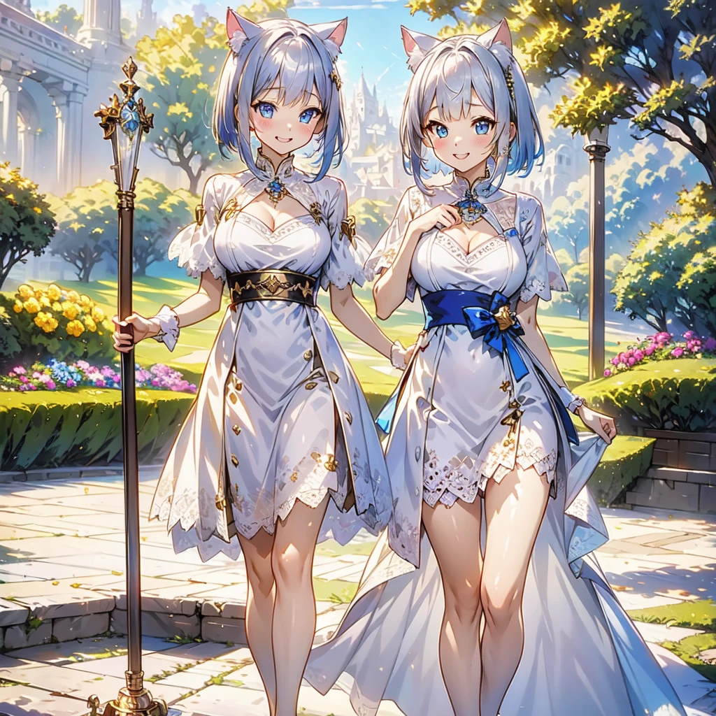 ((highest quality))、((masterpiece))、(detailed)、masterpiece,best quality, high quality,ulutra detailed、((soro girl1.6))、Mina、Perfect Face、Fantasy、BREAK((he is short、girl、Cat ear、Blue Eyes、Silver Bob Hair))、Halter neck lace long dress、barefoot、alchemy、golden cane、magic circle、Close your mouth happily、landscape、