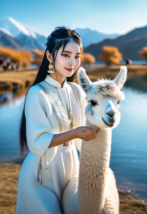 a girl give alpaca water from her hand near the lake, the sky very romantic and colorful. the girl only wear multi layered cloth...