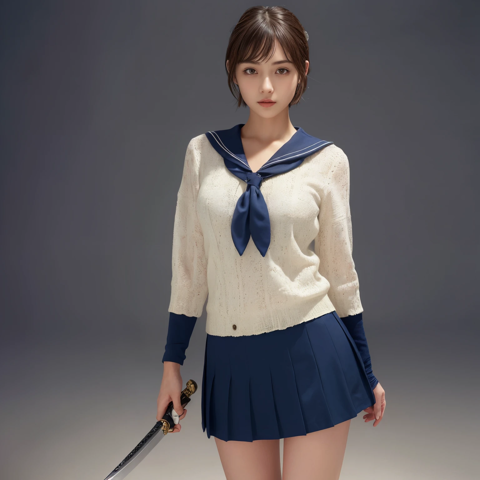 (Realistic:1.3), 8k, Health photo, Realistic skin texture, (masterpiece, highest quality, High resolution:1.2), (Very detailed, Intricate details, High resolution), Textured skin, Skin pores, Intricate details, One girl, Straight Short Hair,whole body,Ultra mini skirt,(Sailor suit),Clear skin,Realistic Face,(Holding a sword)