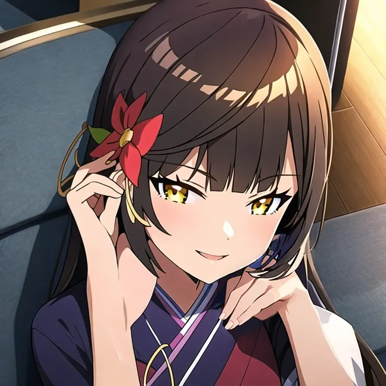 ((Masterpiece, highest quality: 1.2), detailed image, anime character, long black hair, one girl, orange eyes, purple kimono, red flower hair clip, looking at camera