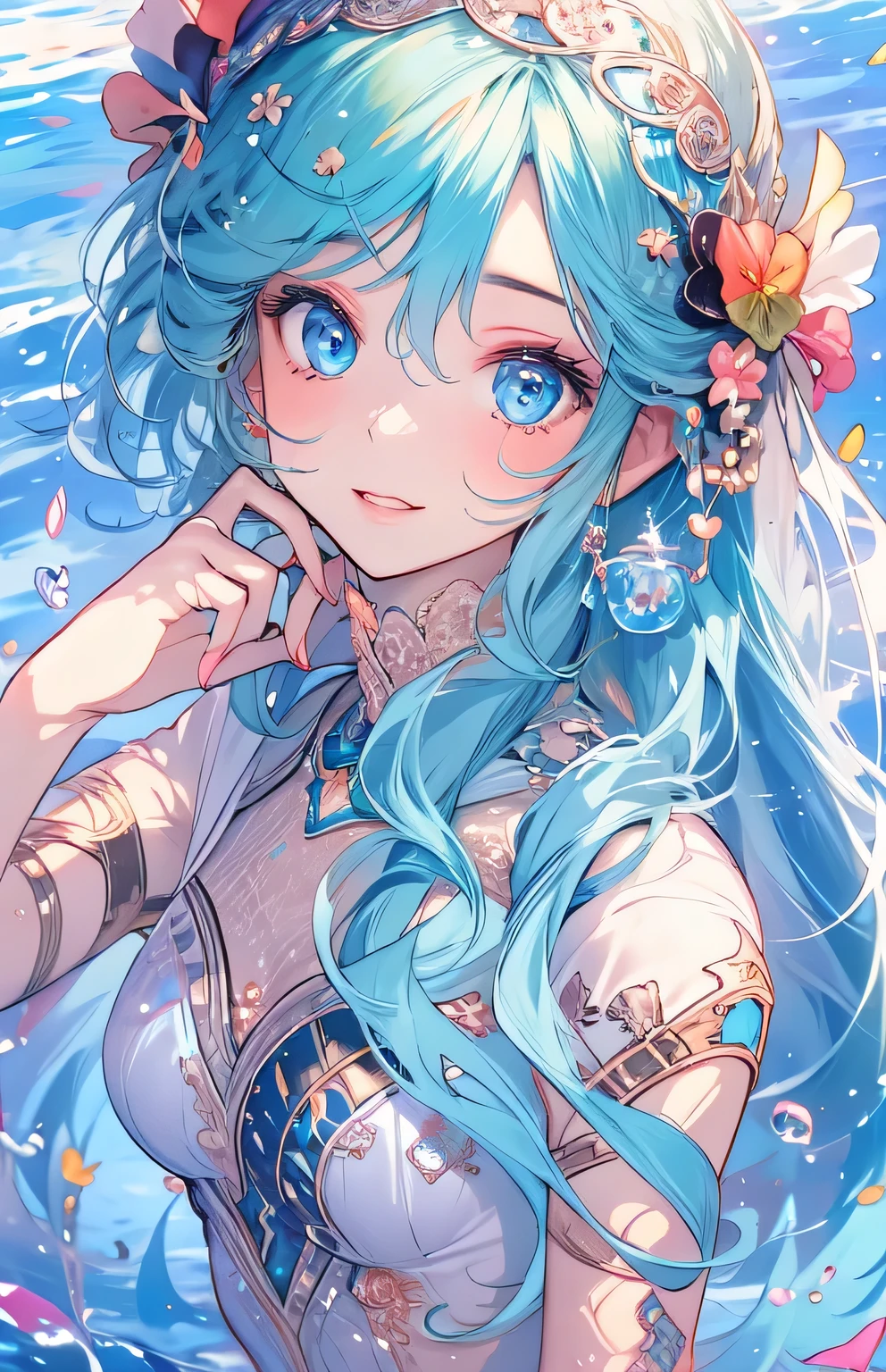 ((highest quality)), ((masterpiece)), (Get used to it), Perfect Face , Adult female , Ariel ,  Long and beautiful blue hair , Beautiful blue eyes , in the beautiful sea ,