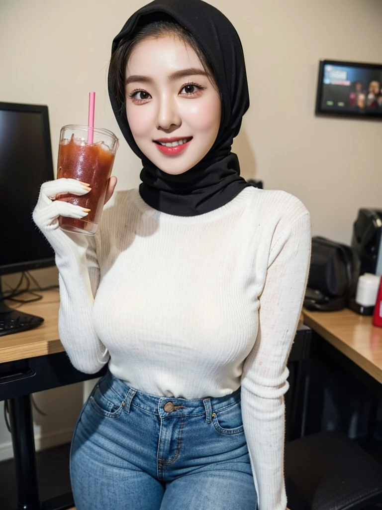 Indonesian hijab girl wearing a tight black sweater and short jeans, has big breasts drinking a soft drink in the office and sweating, happy face. Very realistic and detailed 4K photos