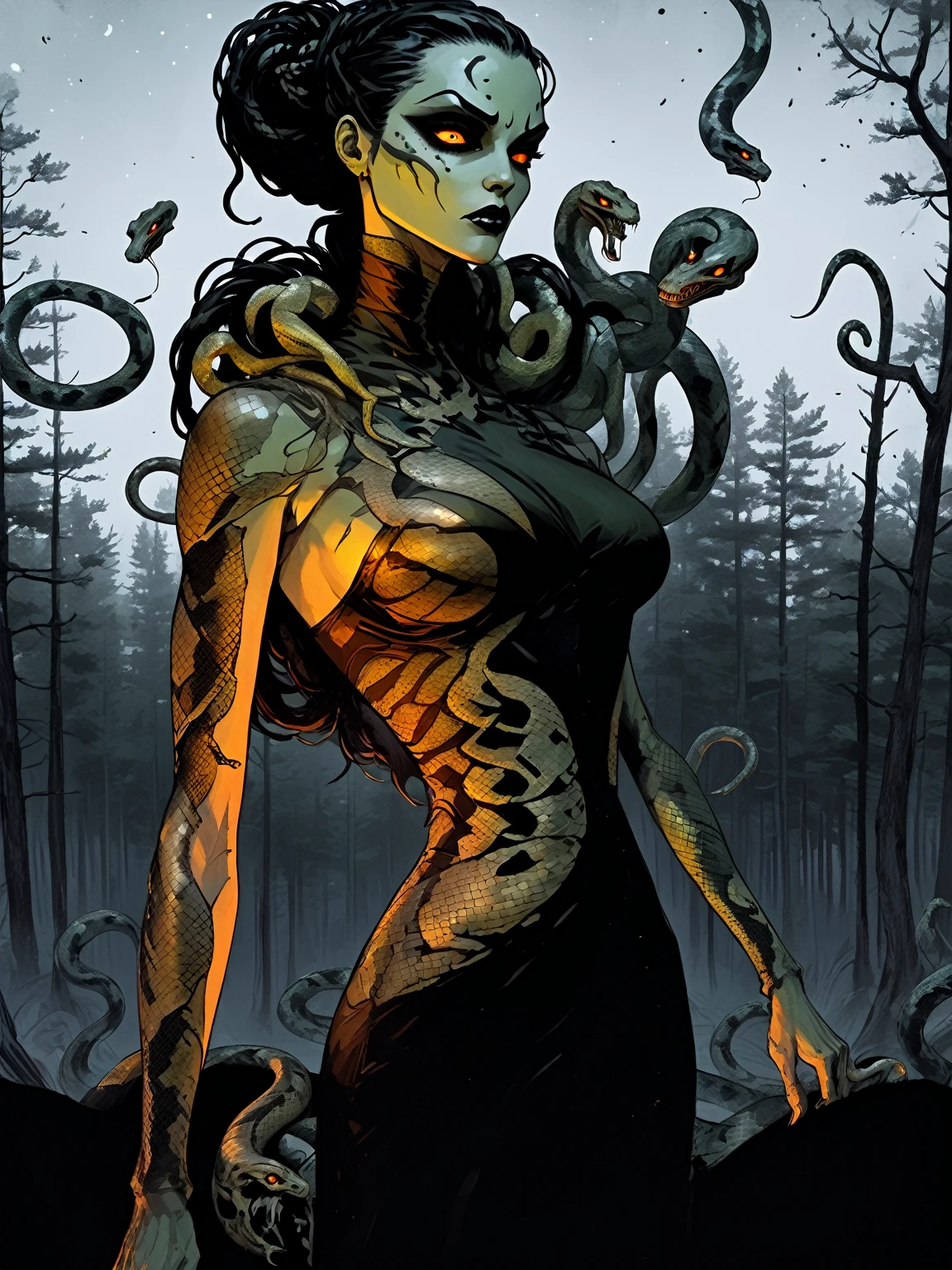 Medusa, splash page decompressed comic cover art, ink style figure, candid, snake skin dress, ((art style expressive Joelle Jones and "Sean Gordon Murphy" comic drawing)), cinematic poster double exposure, optical illusion, image within image, abyss void black no visibility darkness, full body portrait, (background, pine barrens, entropy, rewilding, magic hour sunset with galaxy stars, cosmos), (horror, abstract, surreal, body, cosmic), body drawn in Frederic Delavier musculature anatomical illustration art style, (face, ornate black metal  paint, resembles Grace Jones), (body, Naga, snakefolk, lower body snake tail, snake woman hybrid, bald, hairless, skeleton, snake skin tattoos, piercing eyes, snake pupils, over the shoulder), (colors, merge bleak muted deep fiery radiant glowing ROYGBIV, forest green to earth brown), craftsmanship nuance, (art style Gerardo Zaffino charcoal), subliminal orchids, nyctophobia, (wordless, single image), silhouette

