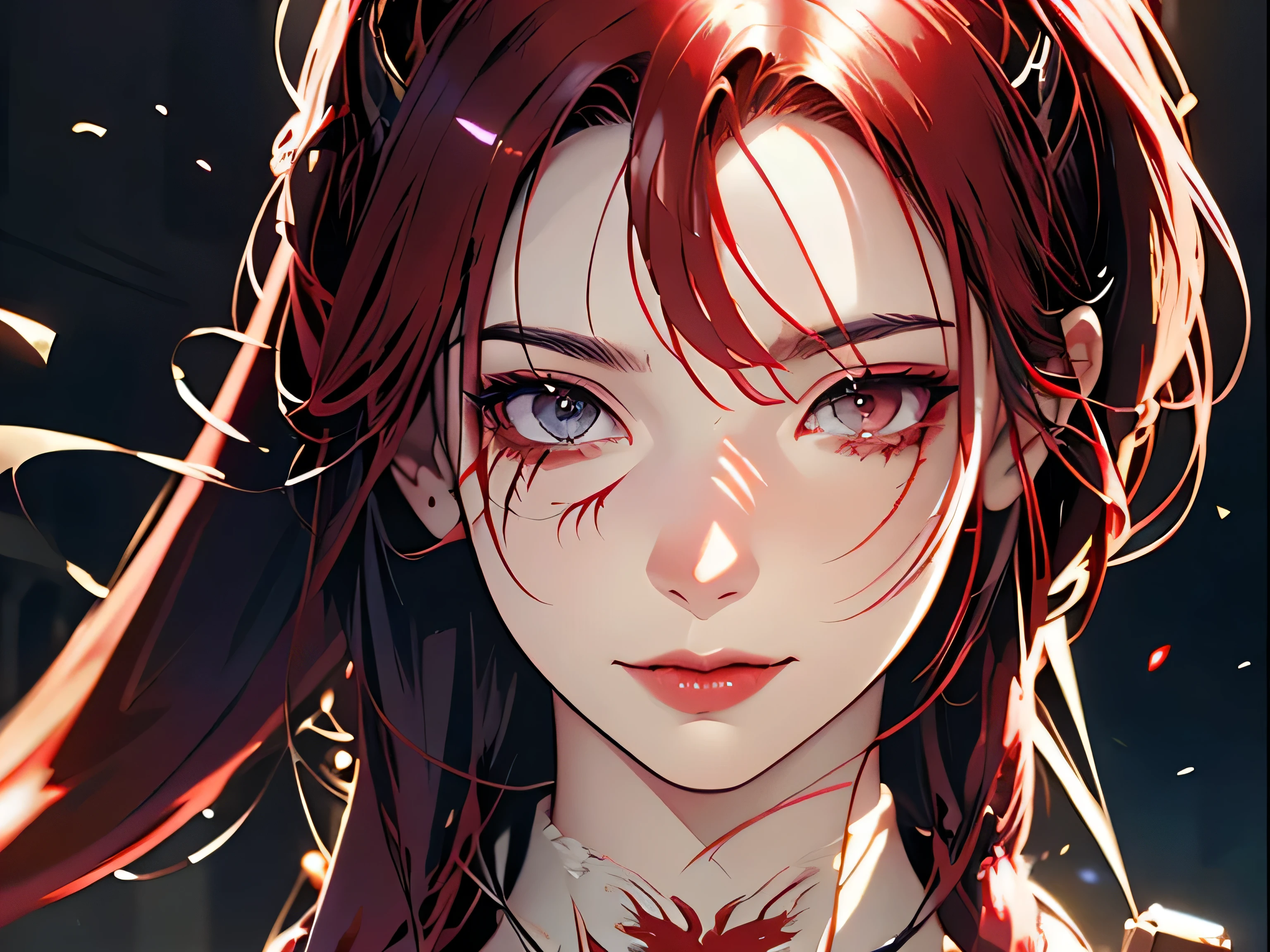 Une vue complète du corps d&#39;une belle guerrière anime girl avec des cheveux rouges, des yeux rouges, des fards à paupières rouges, du rouge à lèvres avec une jolie cicatrice près de l&#39;œil droit et de la bouche, vêtue d&#39;une robe d&#39;armure rouge sexy avec des parties blanches, Fille debout sur le champ de bataille et dégage une aura rouge de folie, tenant une énorme épée, aura rouge de folie autour de la fille, bel art animéwork, illustration fantastique d&#39;anime, art numérique , une belle illustration d&#39;œuvre d&#39;art, art détaillé, bel art animé, oeuvre fantastique d&#39;anime, magnifique fille berserker avec une illustration d&#39;espadon, beau visage détaillé, jolies femmes aux cheveux roux, 4K, art numérique, meilleure qualité,