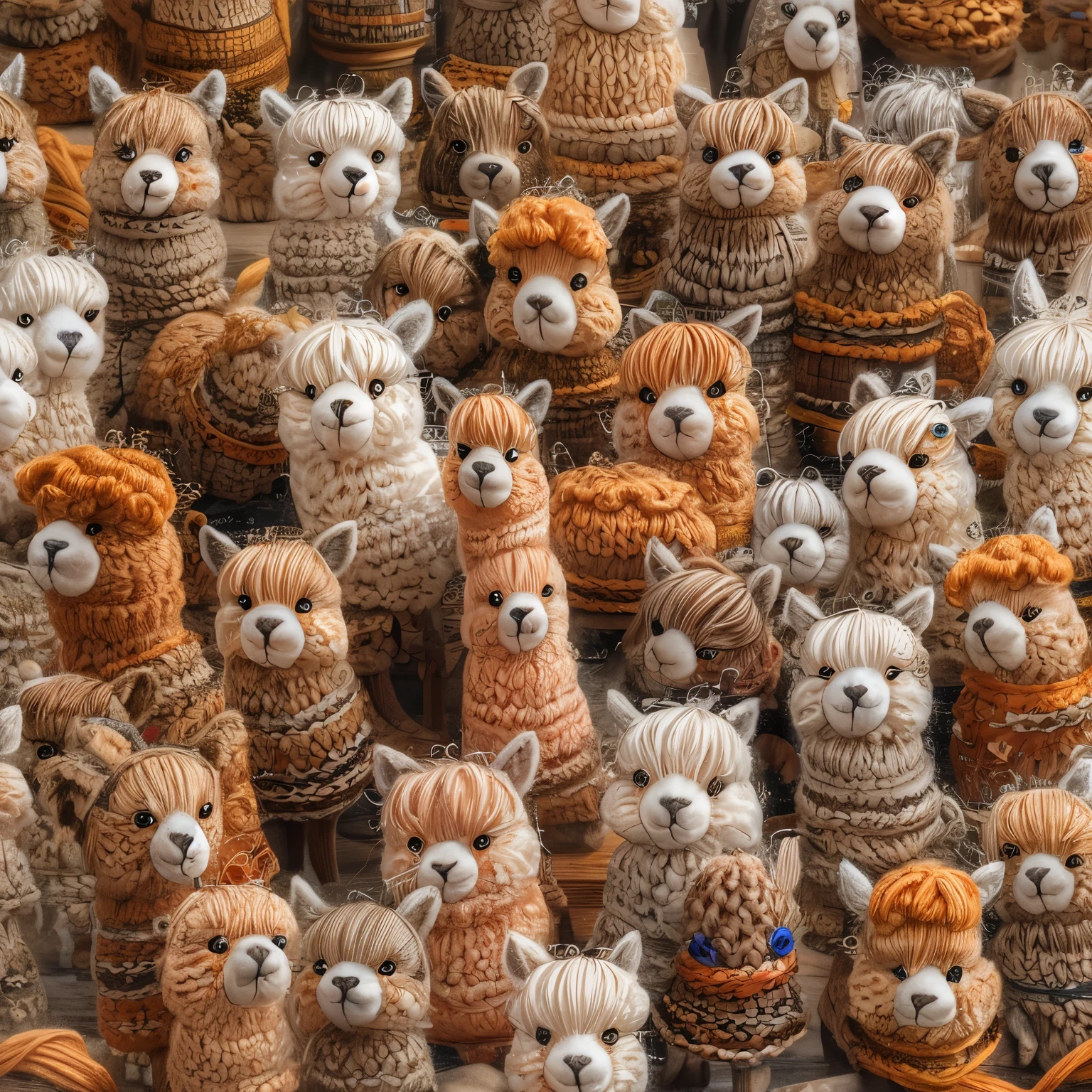 (La best quality,high resolution,Ultra Detailed,Practical),Cute knitted alpaca，In the steppe，Smiley Face，A masterpiece full of fantasy elements）））， （（best quality））， （（Intricate details））（8k）
